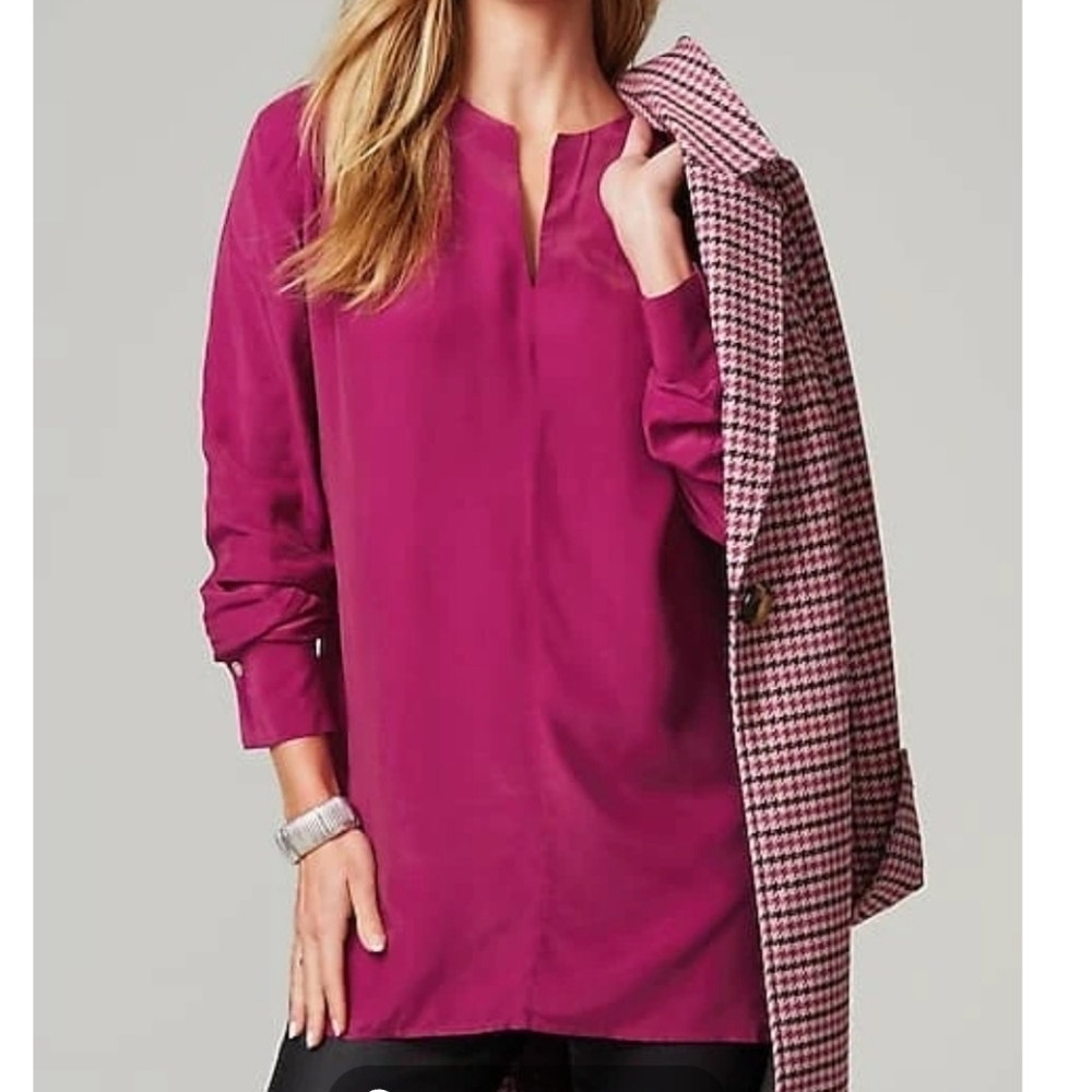 J Jill Smocked Split Neck Tunic Top Womens Large Pink Workwear Office - Picture 5 of 15